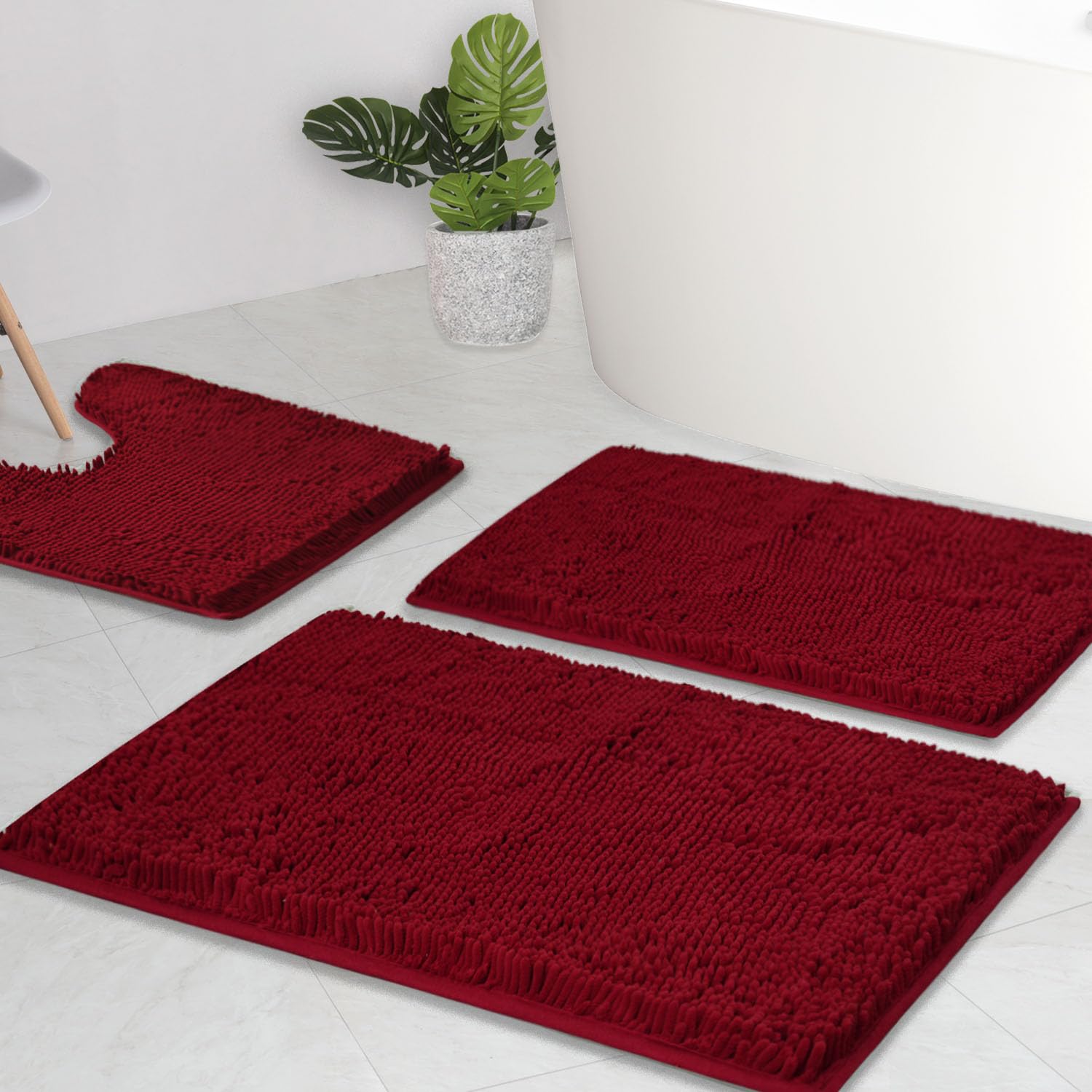 AINAHYVA Bathroom Rugs Chenille Bath mat 3-Piece Set, Super Absorbent, Strong PVC Non-Slip Backing, Bath Carpet, Plush Shaggy, Thick, Machine Washable, for Tub, Shower, Toilet, Burgundy