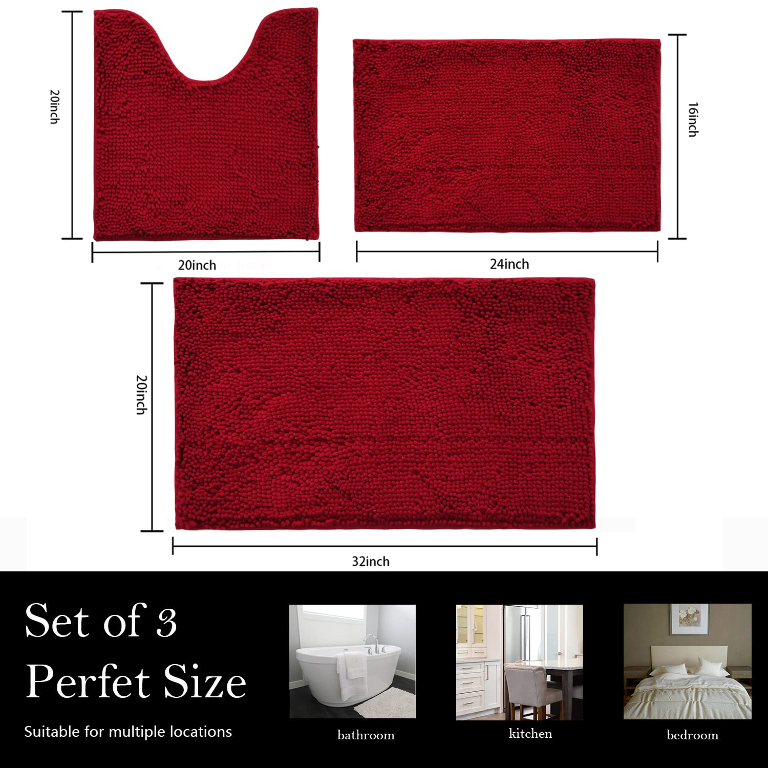 AINAHYVA Bathroom Rugs Chenille Bath mat 3-Piece Set, Super Absorbent, Strong PVC Non-Slip Backing, Bath Carpet, Plush Shaggy, Thick, Machine Washable, for Tub, Shower, Toilet, Burgundy