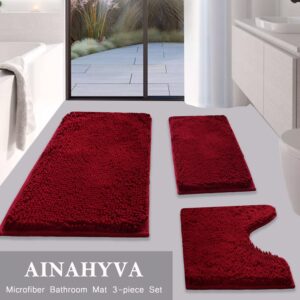 AINAHYVA Bathroom Rugs Chenille Bath mat 3-Piece Set, Super Absorbent, Strong PVC Non-Slip Backing, Bath Carpet, Plush Shaggy, Thick, Machine Washable, for Tub, Shower, Toilet, Burgundy