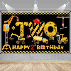 construction 2nd birthday banner decorations for boys kids, dump truck construction theme two birthday backdrop party supplies, excavator crane digger two year old poster sign