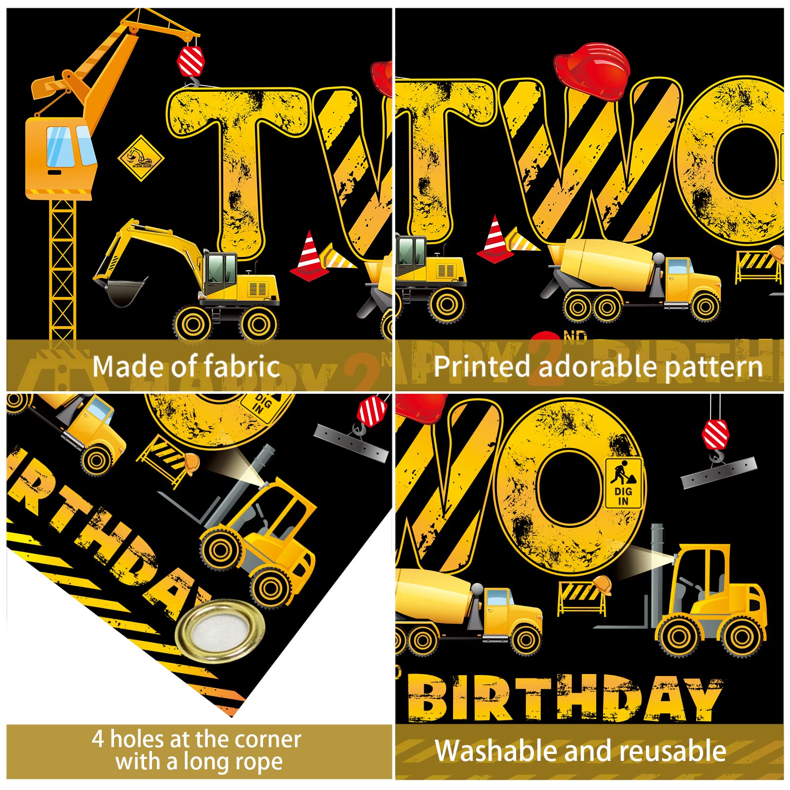 Construction 2nd Birthday Banner Decorations for Boys Kids, Dump Truck Construction Theme Two Birthday Backdrop Party Supplies, Excavator Crane Digger Two Year Old Poster Sign