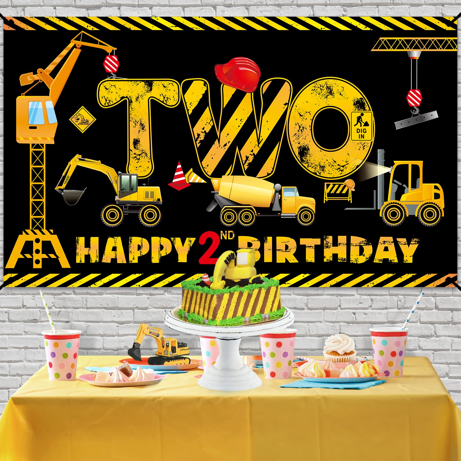 Construction 2nd Birthday Banner Decorations for Boys Kids, Dump Truck Construction Theme Two Birthday Backdrop Party Supplies, Excavator Crane Digger Two Year Old Poster Sign