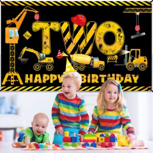 Construction 2nd Birthday Banner Decorations for Boys Kids, Dump Truck Construction Theme Two Birthday Backdrop Party Supplies, Excavator Crane Digger Two Year Old Poster Sign