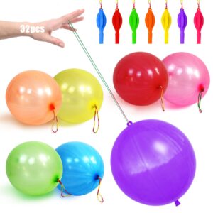 32pcs punch balloons thickened latex punching balloon assorted color bounce balloons with upgraded strong rubber band handle heavy duty party favors for kids birthday party wedding fun balloons