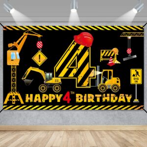 construction 4th birthday banner decorations for boys kids, dump truck construction theme four birthday backdrop party supplies, excavator crane digger four year old poster sign
