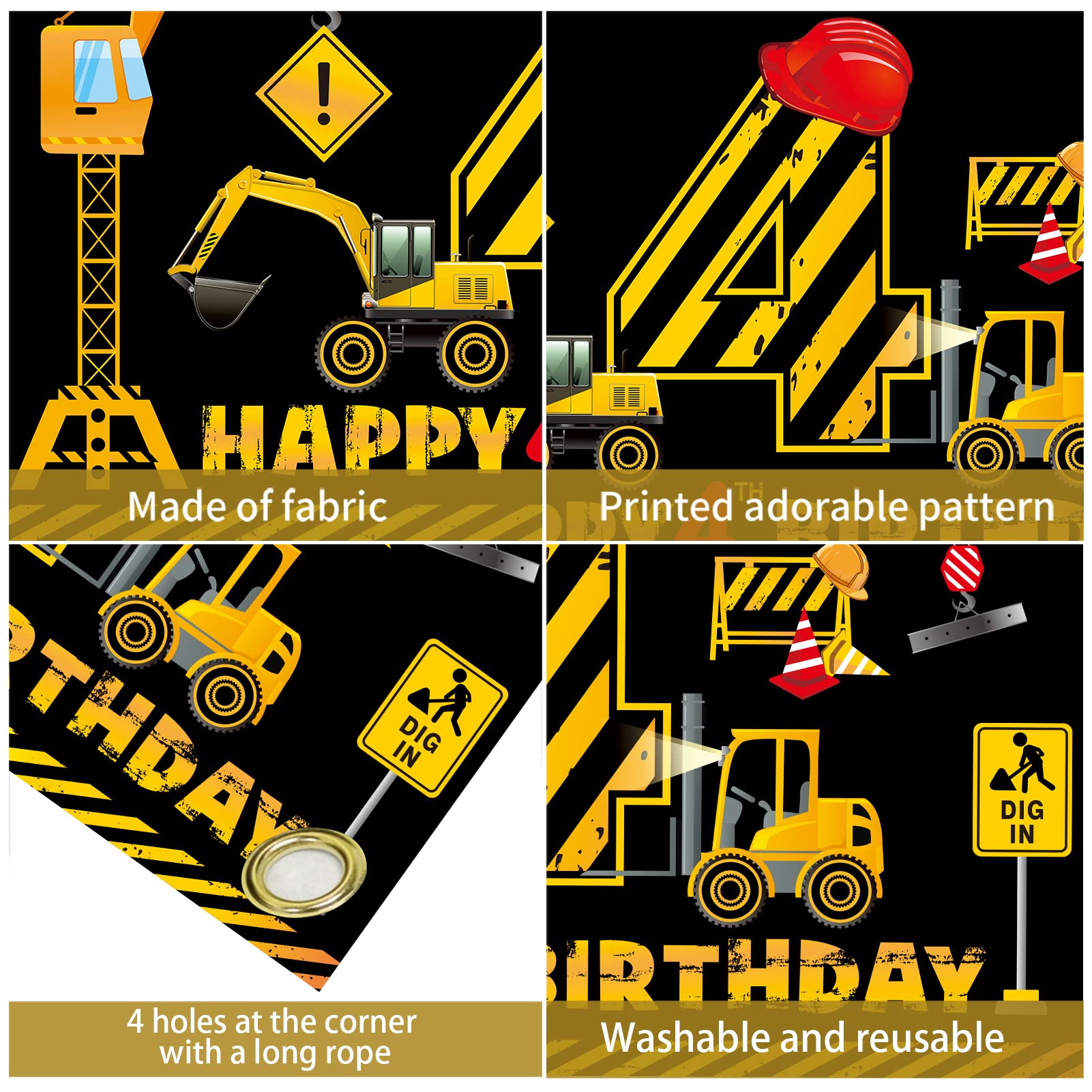 Construction 4th Birthday Banner Decorations for Boys Kids, Dump Truck Construction Theme Four Birthday Backdrop Party Supplies, Excavator Crane Digger Four Year Old Poster Sign