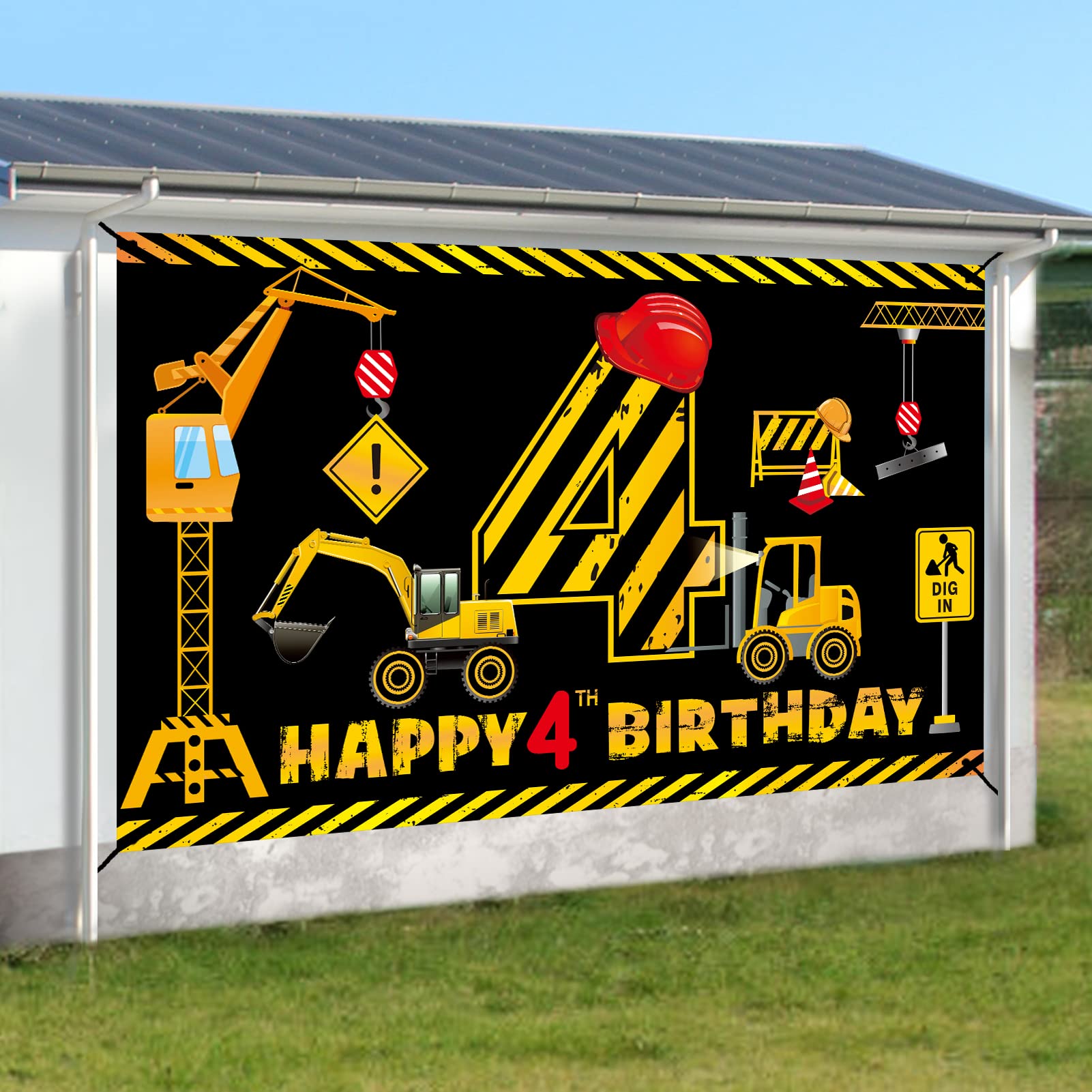 Construction 4th Birthday Banner Decorations for Boys Kids, Dump Truck Construction Theme Four Birthday Backdrop Party Supplies, Excavator Crane Digger Four Year Old Poster Sign