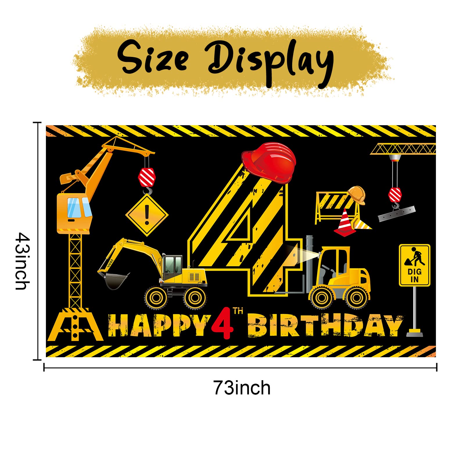 Construction 4th Birthday Banner Decorations for Boys Kids, Dump Truck Construction Theme Four Birthday Backdrop Party Supplies, Excavator Crane Digger Four Year Old Poster Sign