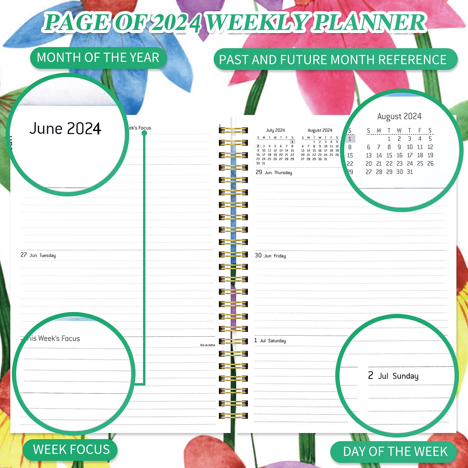 2024 Monthly Planner/Monthly Calendar - Daily Weekly Monthly Planner with Tabs, 8.5" x 6.4", Elastic Closure, Inner Pocket, Floral Agenda Organizer