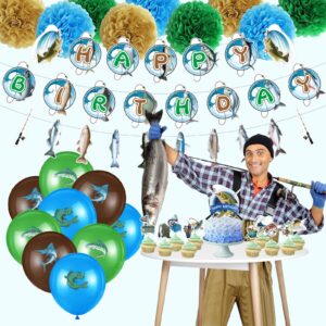 Outus 77 Pcs Gone Fishing Party Decorations Adult Fishing Birthday Party Decoration Include Banner Gone Fishing String Hanging Banner Pom Pom Flowers Hanging Swirls Latex Balloons Cupcake Topper