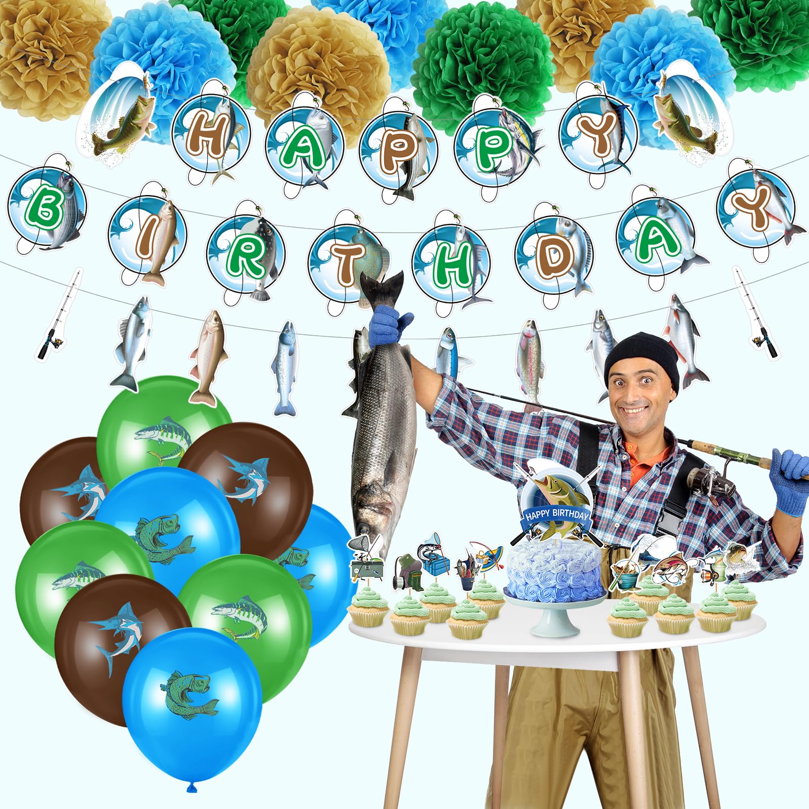 Outus 77 Pcs Gone Fishing Party Decorations Adult Fishing Birthday Party Decoration Include Banner Gone Fishing String Hanging Banner Pom Pom Flowers Hanging Swirls Latex Balloons Cupcake Topper