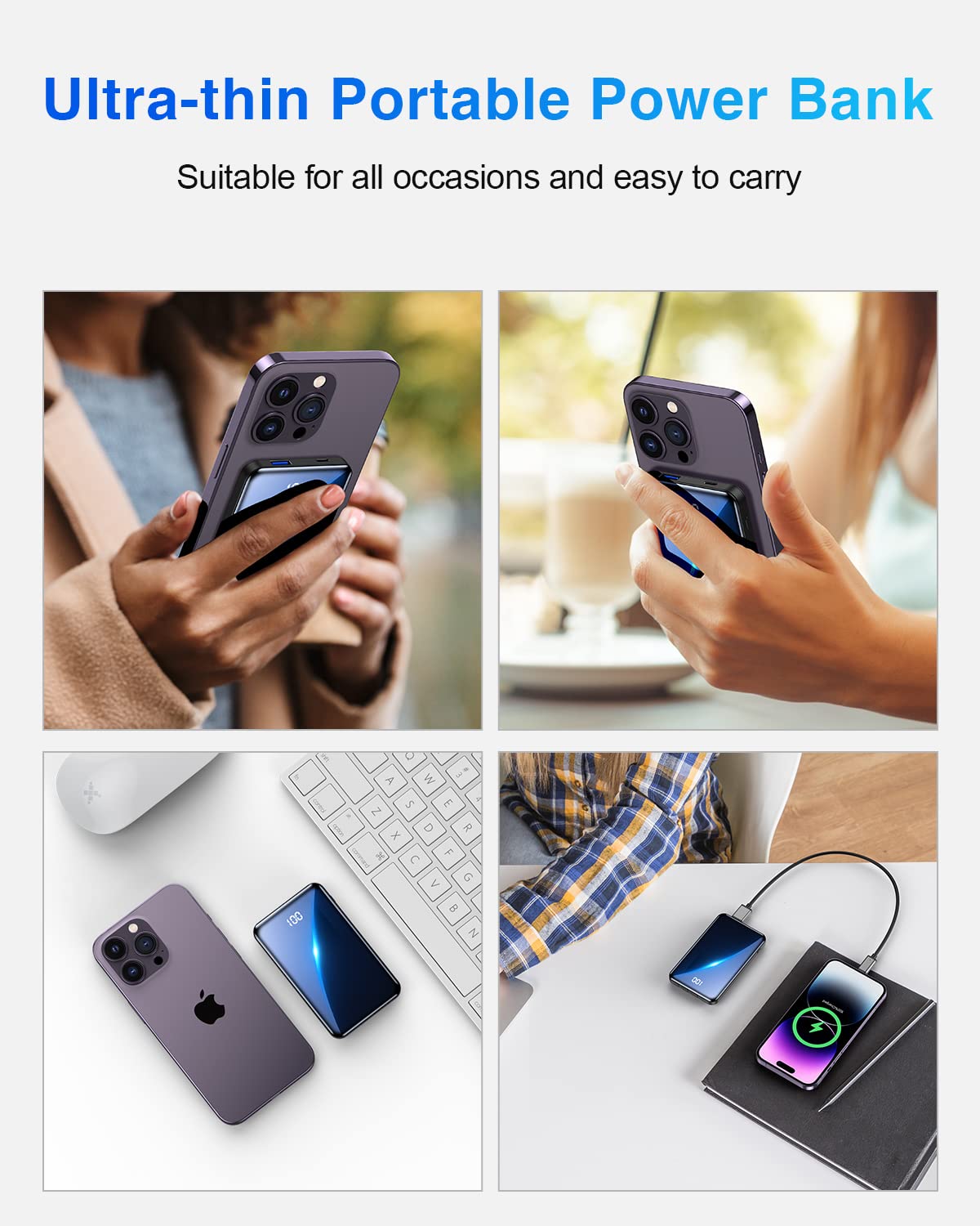 Portable Charger small Power Bank 12000mAh,Mini Fast Charging Power Bank,Battery Bank with Built-in Cables,2 Input and 4 output External Battery Pack Compatible with iPhone14/13/12/11/10/9/Android etc