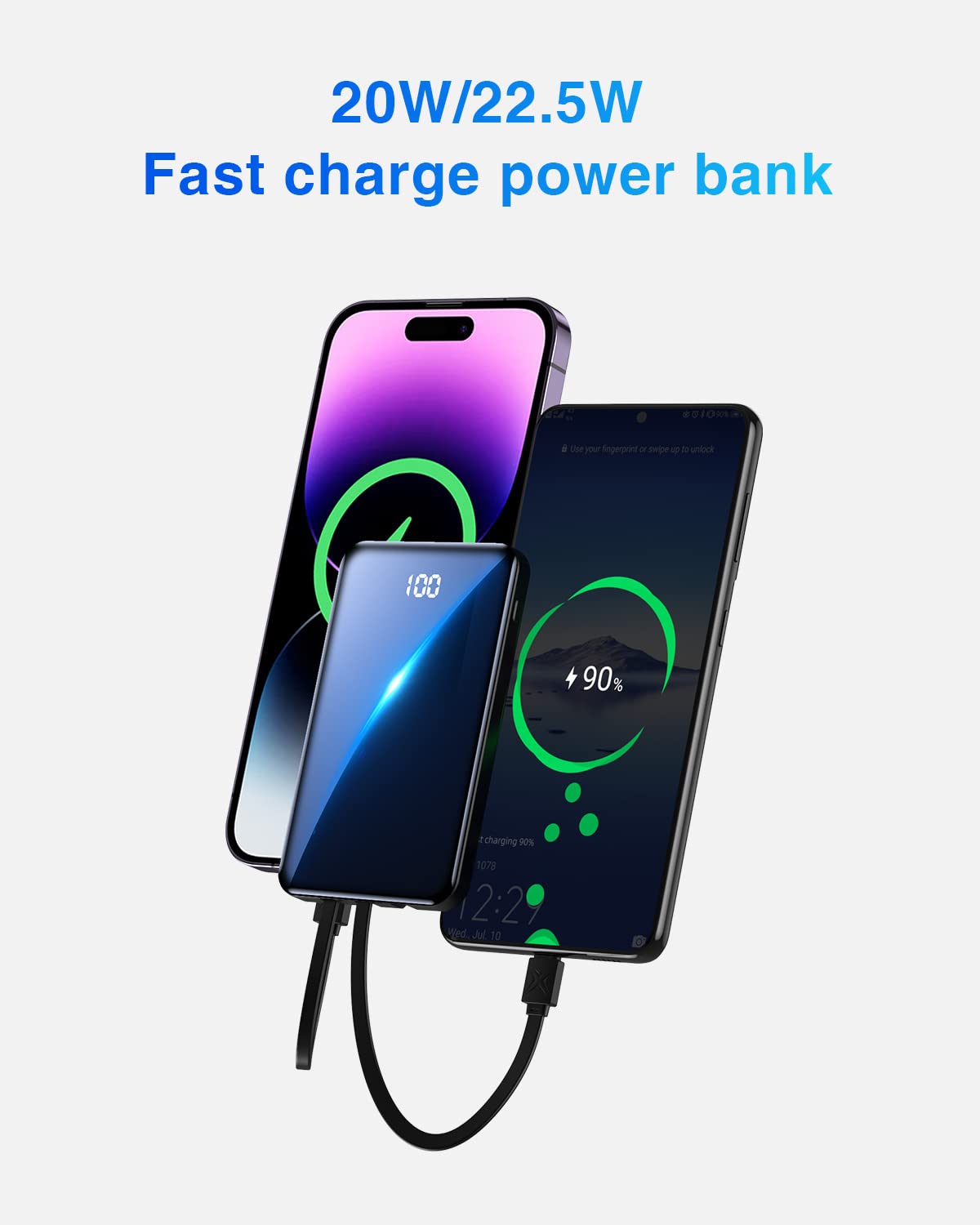 Portable Charger small Power Bank 12000mAh,Mini Fast Charging Power Bank,Battery Bank with Built-in Cables,2 Input and 4 output External Battery Pack Compatible with iPhone14/13/12/11/10/9/Android etc