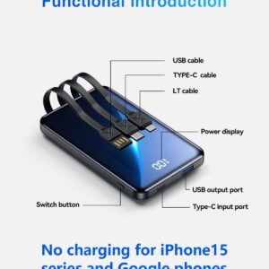 Portable Charger small Power Bank 12000mAh,Mini Fast Charging Power Bank,Battery Bank with Built-in Cables,2 Input and 4 output External Battery Pack Compatible with iPhone14/13/12/11/10/9/Android etc