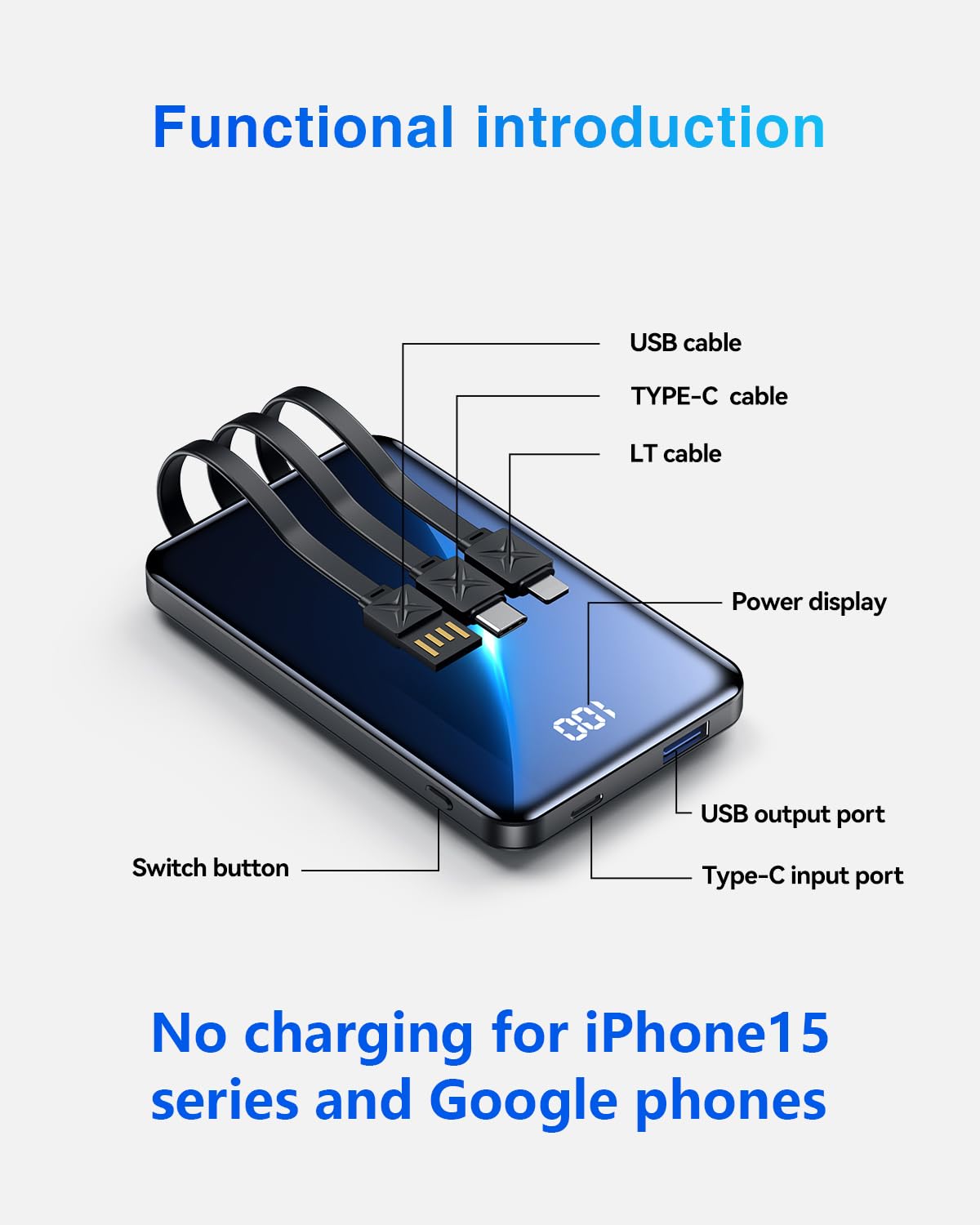 Portable Charger small Power Bank 12000mAh,Mini Fast Charging Power Bank,Battery Bank with Built-in Cables,2 Input and 4 output External Battery Pack Compatible with iPhone14/13/12/11/10/9/Android etc