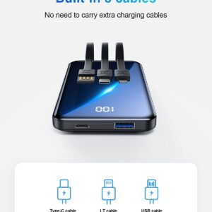 Portable Charger small Power Bank 12000mAh,Mini Fast Charging Power Bank,Battery Bank with Built-in Cables,2 Input and 4 output External Battery Pack Compatible with iPhone14/13/12/11/10/9/Android etc