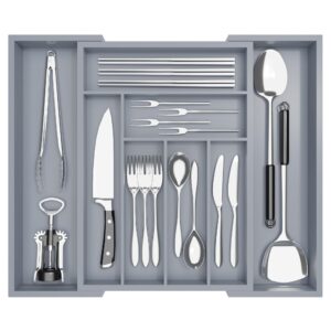 chubangshou utensil organizer silverware holder, adjustable kitchen drawer organizer for large utensils, bamboo cutlery organizer in drawer (black)