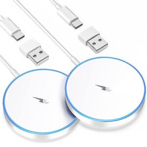 2 pack fast 15w wireless charger for iphone and airpods - magnetic apple magsafe compatible charging pad and 5ft dual port cable