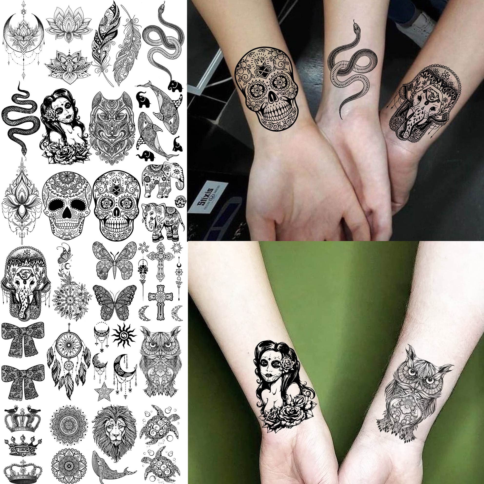 Bilizar 32 Sheets 89+ PCS Black Lotus Temporary Tattoos For Women Hands Adults Underboob, Tribal Indian Elephant Skull Snake Fake Tattoos, Bulk Bohemia Butterfly Tattoo Kit Sets Mandala Flower Moon