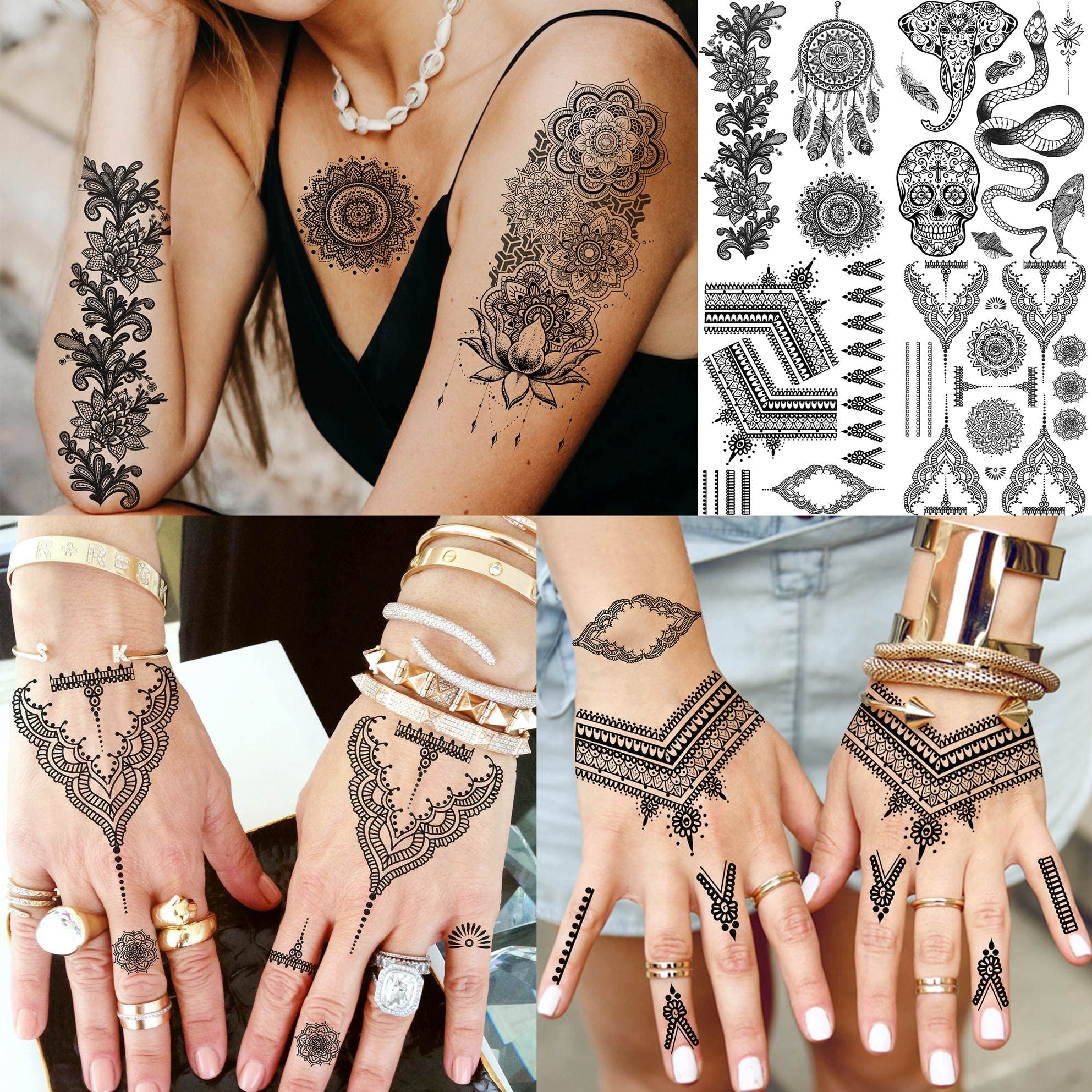 Bilizar 32 Sheets 89+ PCS Black Lotus Temporary Tattoos For Women Hands Adults Underboob, Tribal Indian Elephant Skull Snake Fake Tattoos, Bulk Bohemia Butterfly Tattoo Kit Sets Mandala Flower Moon