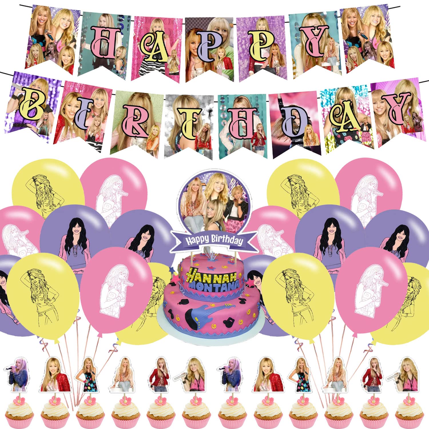 Hannah Singer Montana Party Decorations, Music Theme Birthday Party Supplies Includes Birthday Banner, Cupcake Toppers, Cake Topper, Latex Balloons for Kids Adults Fans Party Decor