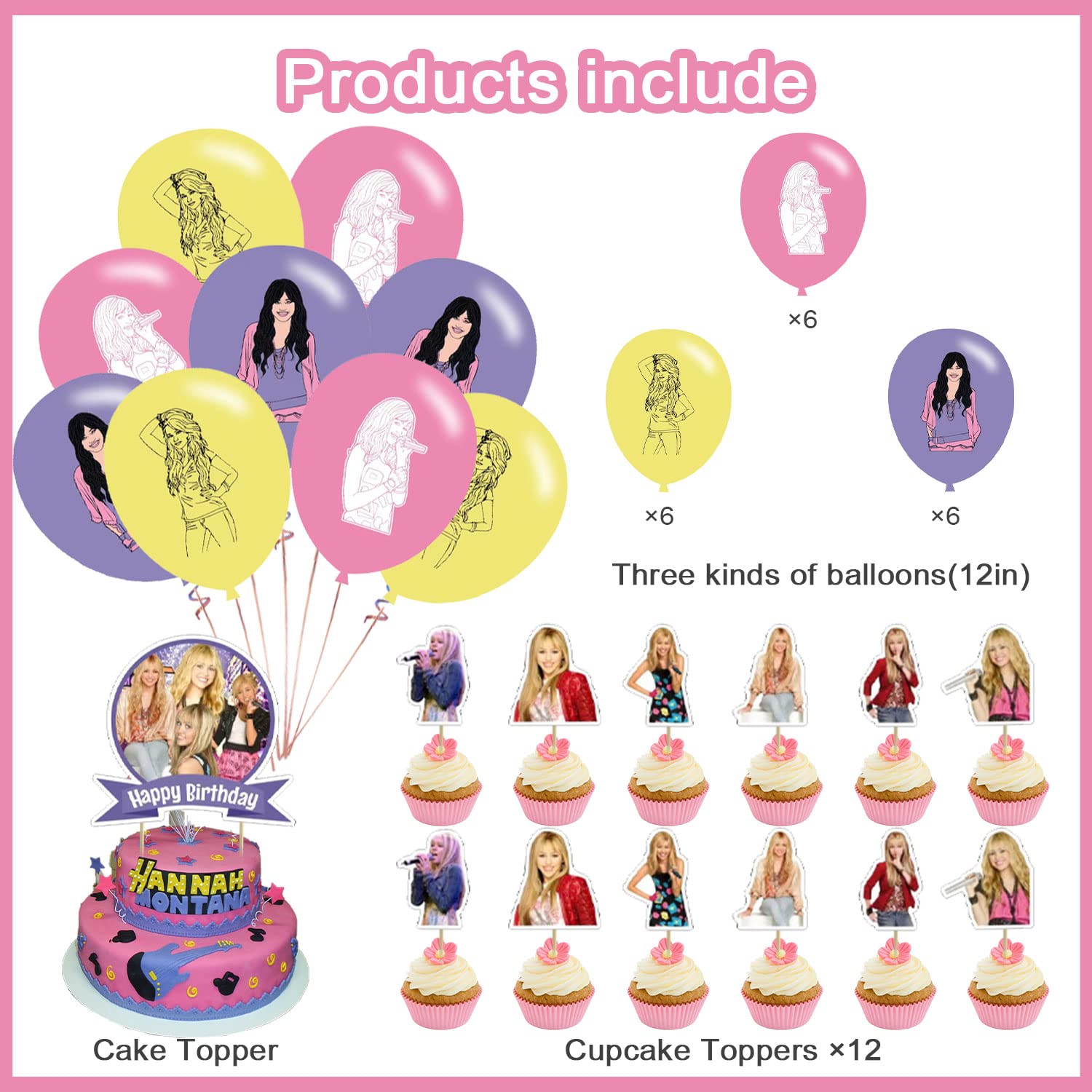 Hannah Singer Montana Party Decorations, Music Theme Birthday Party Supplies Includes Birthday Banner, Cupcake Toppers, Cake Topper, Latex Balloons for Kids Adults Fans Party Decor