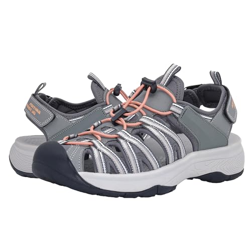 GRITION Womens Hiking Sandals, Ladies Closed Toe Walking Athletic Outdoor Sandles Comfort Adjustable Sport Beach Water Shoes Summer Grey (6.5 US / 37 EU)