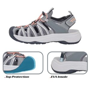 GRITION Womens Hiking Sandals, Ladies Closed Toe Walking Athletic Outdoor Sandles Comfort Adjustable Sport Beach Water Shoes Summer Grey (6.5 US / 37 EU)