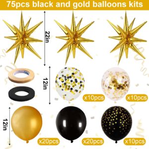 Cadeya 75 Pcs Black Gold Confetti Balloons, Huge Gold Explosion Star Aluminum Foil Balloons for Birthday, Graduation, Wedding, Baby Shower, Black and Gold Party Decorations Supplies