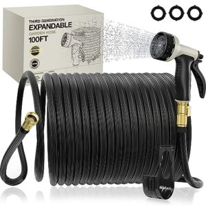 expandable garden hose 100ft - new patented water hose with 40 layers of innovative nano rubber - real leak-proof water hose - 10-function spray nozzle - lightweight, tough, flexible (dark black)