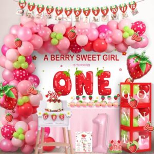 berry sweet one birthday party decorations, fiesec berry first strawberry 1st birthday party decorations backdrop balloon garland monthly photo high chair banner box cutout crown poster