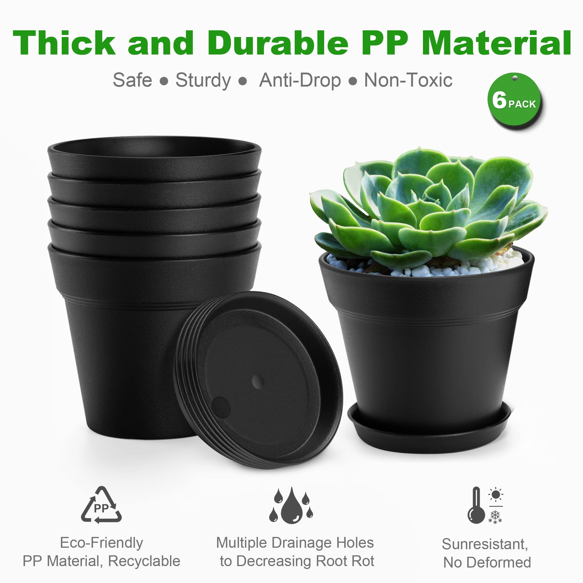 FHWTY 6 Pack Plastic Plant Pots with Drainage Holes and Tray, 4 inch Thickened Indoor Planters Seedlings Nursery Pots for Flowers, African Violet, Succulent and All House Plants, Black