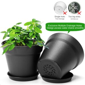 FHWTY 6 Pack Plastic Plant Pots with Drainage Holes and Tray, 4 inch Thickened Indoor Planters Seedlings Nursery Pots for Flowers, African Violet, Succulent and All House Plants, Black