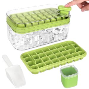 ctszoom ice cube tray with lid and bin &scoop, 64 pcs ice cubes molds 2 trays, ice cube tray mold for freezer with one large square ice cube molds for whiskey, cocktail (green)