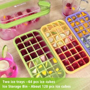 CTSZOOM Ice Cube Tray with Lid and Bin &Scoop, 64 pcs Ice Cubes Molds 2 Trays, Ice Cube Tray Mold for Freezer with One Large Square Ice Cube Molds for Whiskey, Cocktail (Green)