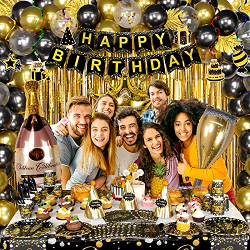 HJINGY Black and Gold Birthday Party Decorations, Happy Birthday Party Supplies for Men Women Includes Balloons, Curtains, Banner, Hanging Swirls, Tablecloth, Plates, Cake Toppers for Birthday Party