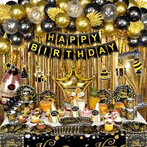 hjingy black and gold birthday party decorations, happy birthday party supplies for men women includes balloons, curtains, banner, hanging swirls, tablecloth, plates, cake toppers for birthday party