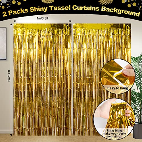 HJINGY Black and Gold Birthday Party Decorations, Happy Birthday Party Supplies for Men Women Includes Balloons, Curtains, Banner, Hanging Swirls, Tablecloth, Plates, Cake Toppers for Birthday Party