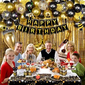 HJINGY Black and Gold Birthday Party Decorations, Happy Birthday Party Supplies for Men Women Includes Balloons, Curtains, Banner, Hanging Swirls, Tablecloth, Plates, Cake Toppers for Birthday Party