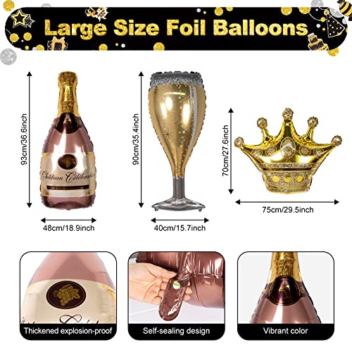 HJINGY Black and Gold Birthday Party Decorations, Happy Birthday Party Supplies for Men Women Includes Balloons, Curtains, Banner, Hanging Swirls, Tablecloth, Plates, Cake Toppers for Birthday Party