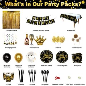 HJINGY Black and Gold Birthday Party Decorations, Happy Birthday Party Supplies for Men Women Includes Balloons, Curtains, Banner, Hanging Swirls, Tablecloth, Plates, Cake Toppers for Birthday Party