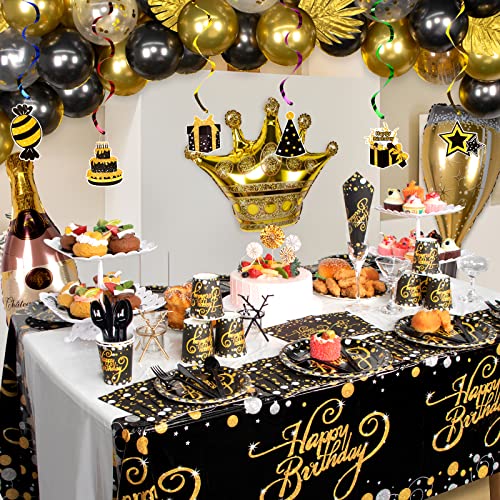 HJINGY Black and Gold Birthday Party Decorations, Happy Birthday Party Supplies for Men Women Includes Balloons, Curtains, Banner, Hanging Swirls, Tablecloth, Plates, Cake Toppers for Birthday Party