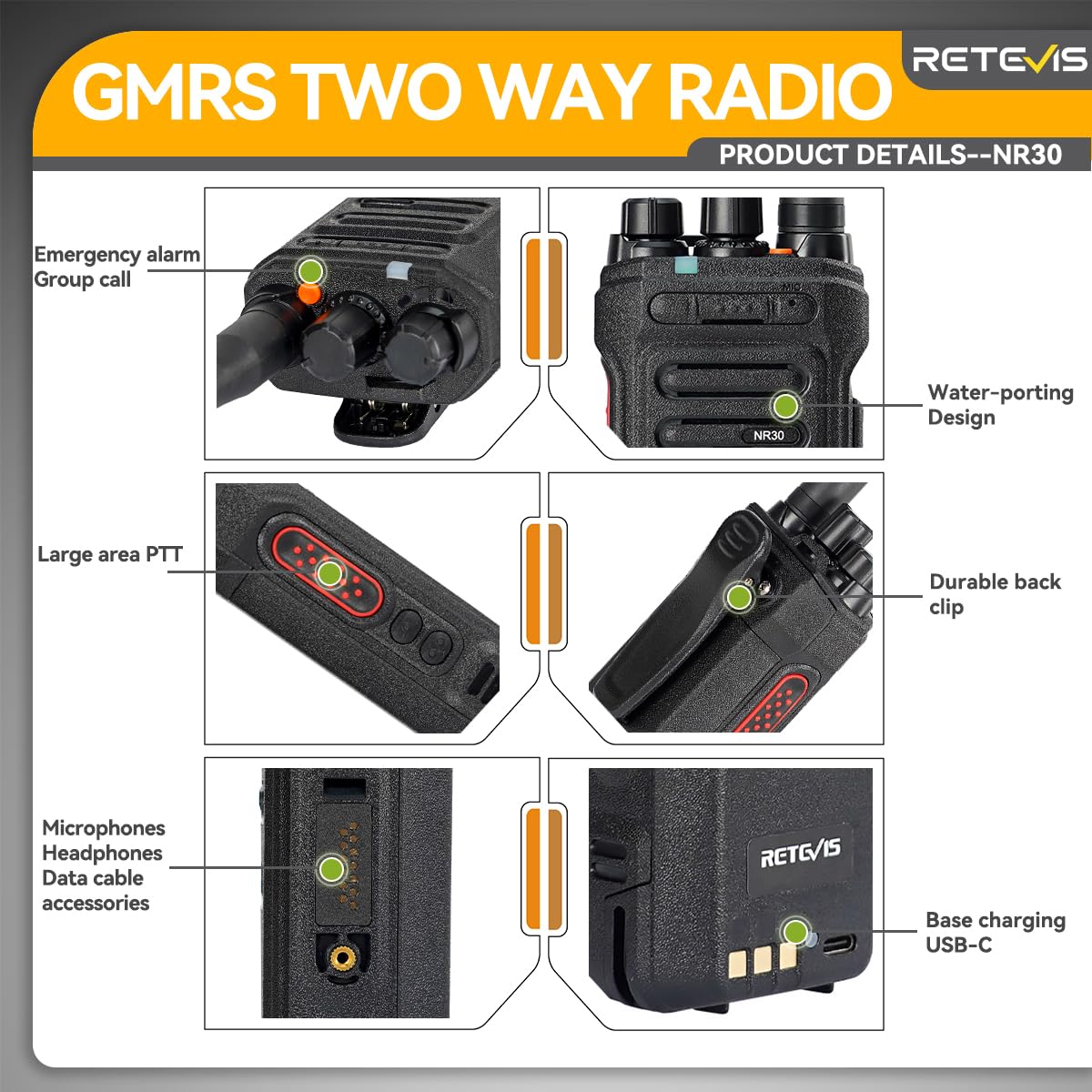 Retevis NR30 Two Way Radios Long Range, IP67 Waterproof Walkie Talkies Adults, Noise Cancelling, 700,000 sq. ft/50 Floor Range 2 Way Radio Set (6Pack)