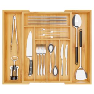 chubangshou utensil organizer silverware drawer organizer for kitchen drawer, expandable cutlery tray bamboo flatware organizer for utensils, knives, cookware, 8-compartment（natural）