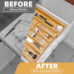 Chubangshou Utensil Organizer Silverware Drawer Organizer for Kitchen Drawer, Expandable Cutlery Tray Bamboo Flatware Organizer for Utensils, Knives, Cookware, 8-Compartment（Natural）