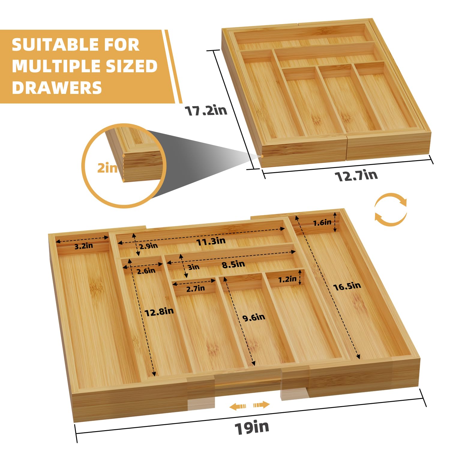 Chubangshou Utensil Organizer Silverware Drawer Organizer for Kitchen Drawer, Expandable Cutlery Tray Bamboo Flatware Organizer for Utensils, Knives, Cookware, 8-Compartment（Natural）