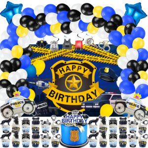 lxlucktim police birthday party supplies, 159 pcs police cars party decorations for girl boy baby - backdrop, cake, and cupcake toppers, balloons, cupcakes wrappers, hanging swirls