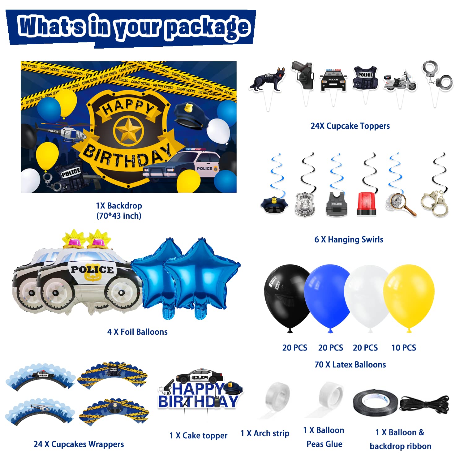 LXlucktim Police Birthday Party Supplies, 159 Pcs Police Cars Party Decorations for Girl Boy Baby - Backdrop, Cake, and Cupcake Toppers, Balloons, Cupcakes Wrappers, Hanging Swirls