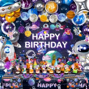 hjingy outer space party decorations, space themed party supplies include space balloons, backdrop, galaxy banner, hanging swirls, tablecloth, plates, cups, cake toppers for space birthday decorations