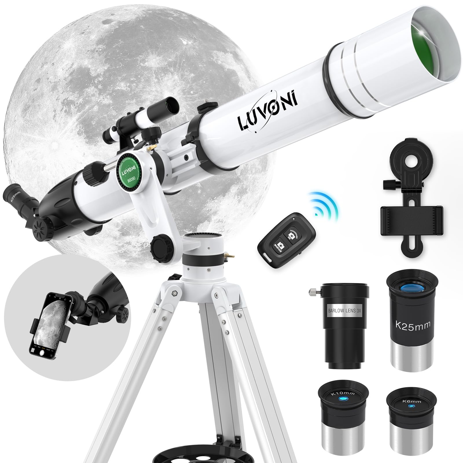 LUVONI Telescope, 90mm Aperture 900mm Telescopes for Adults Astronomy with Fine-tuning AZ Tripod, Multi-coated High Transmission Professional Refractor Telescope with Slow-motion Knobs & Phone Adapter